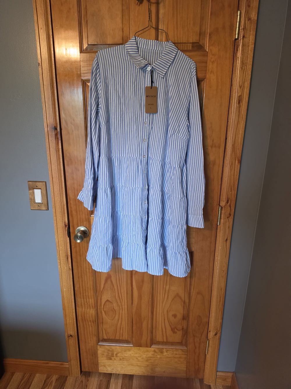 Striped Blue & White Tiered Shirt Dress - Women